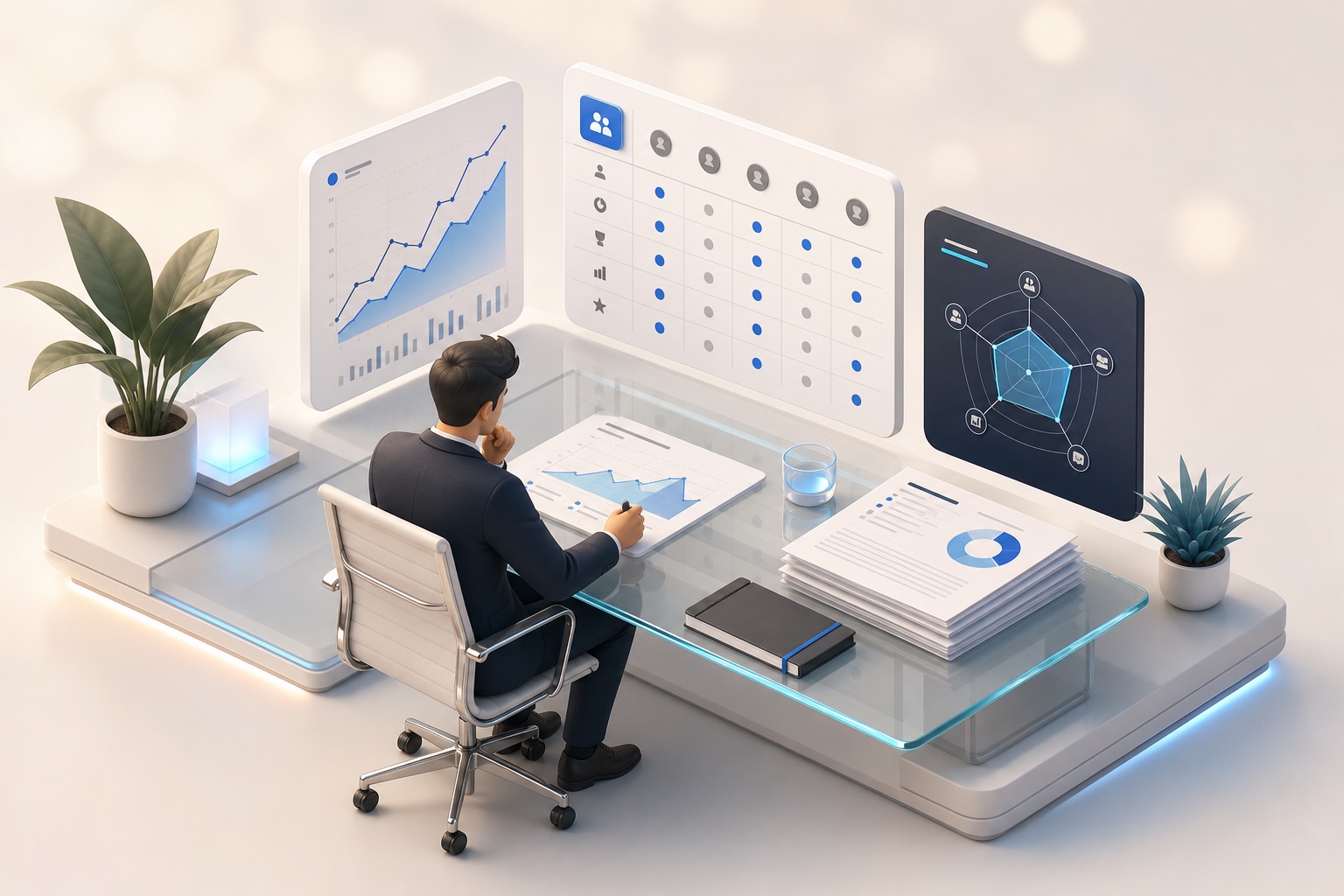 Strategy consultant reviewing executive briefing and industry analysis
