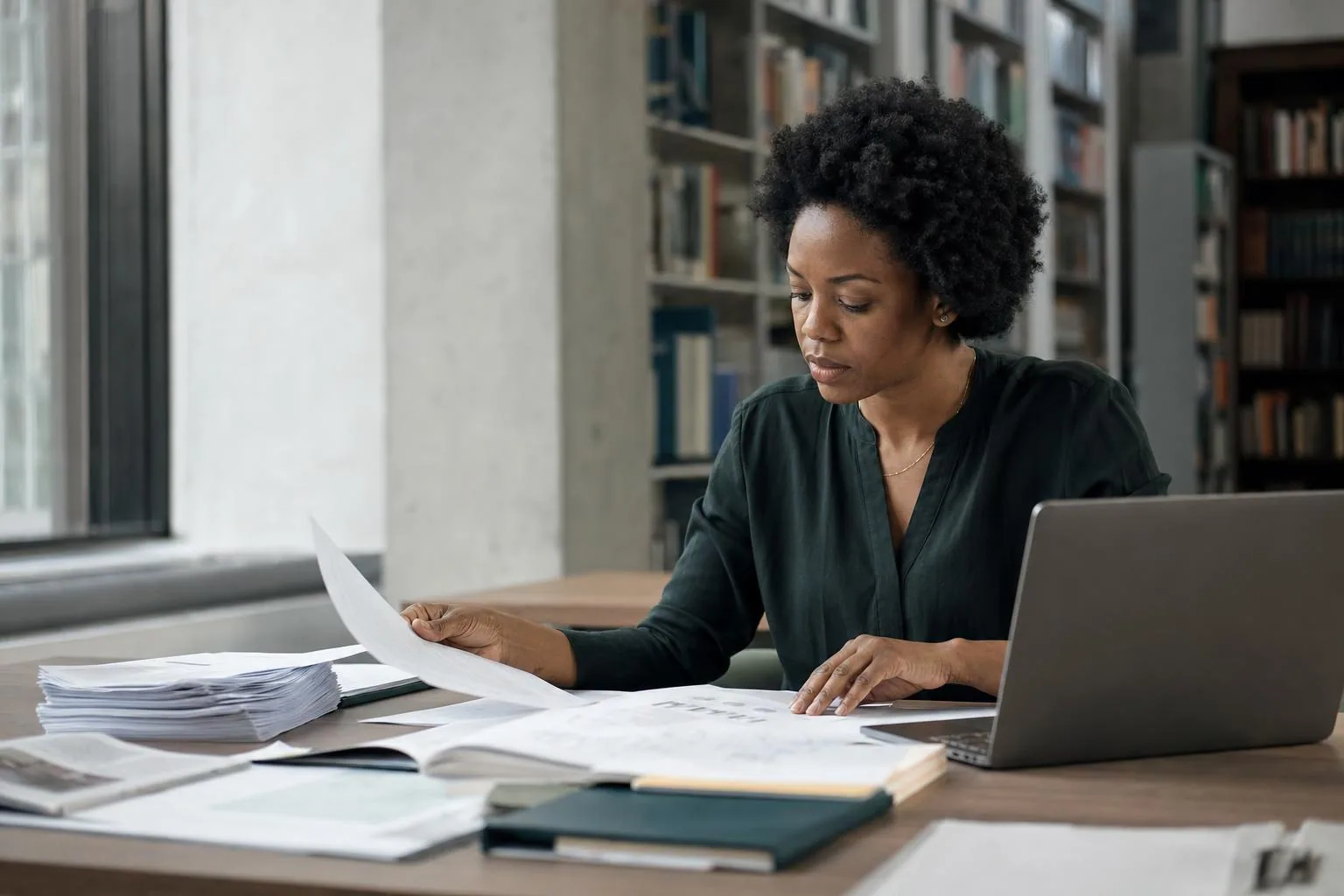 Researcher synthesizing papers in a university library